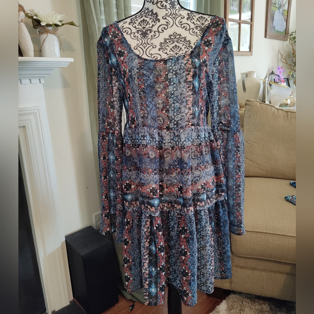 NWT • Olsenboye • Semi Sheer Boho Flare Sleeve Dress